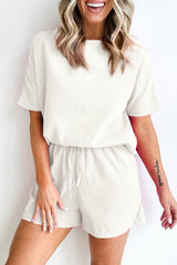 White Casual Textured Tee and Drawstring Shorts Set White 75%Polyester+25%Viscose Short Sets JT's Designer Fashion