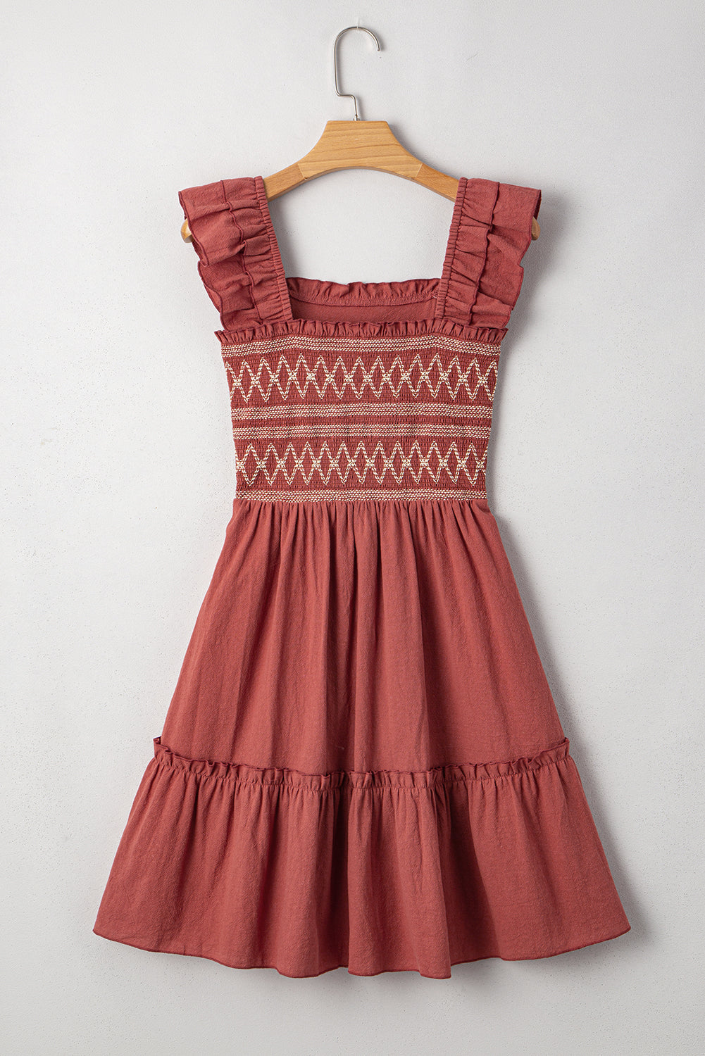 Red Sandalwood Geometric Stitch Shirred Bodice Ruffled Trim Sleeveless Mini Dress Dresses JT's Designer Fashion