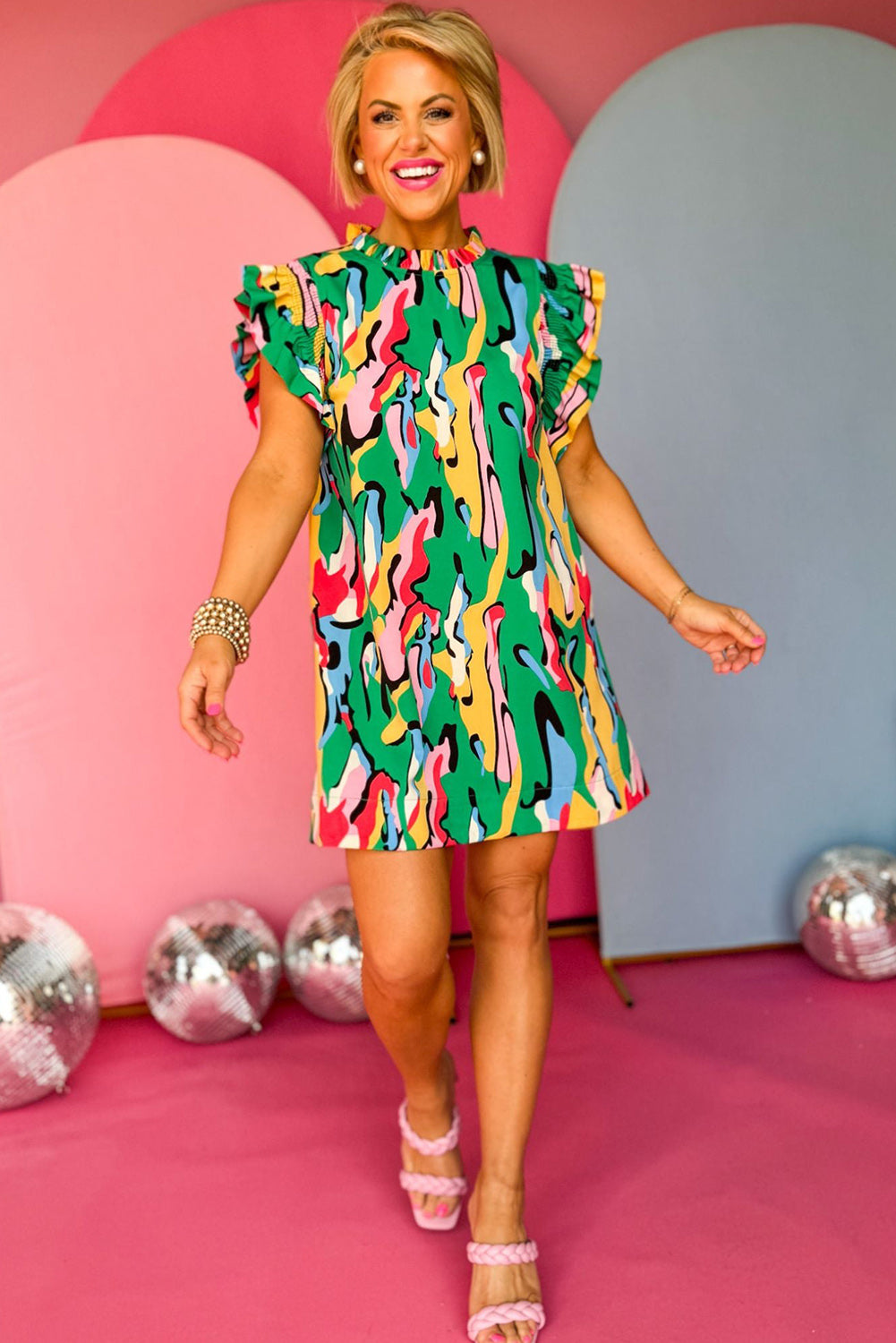 Green Abstract Print Frilled Neck Ruffled Sleeve Mini Dress Dresses JT's Designer Fashion