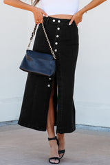 Black Button Fly Side Split High Waist Denim Midi Skirt Skirts & Petticoat JT's Designer Fashion