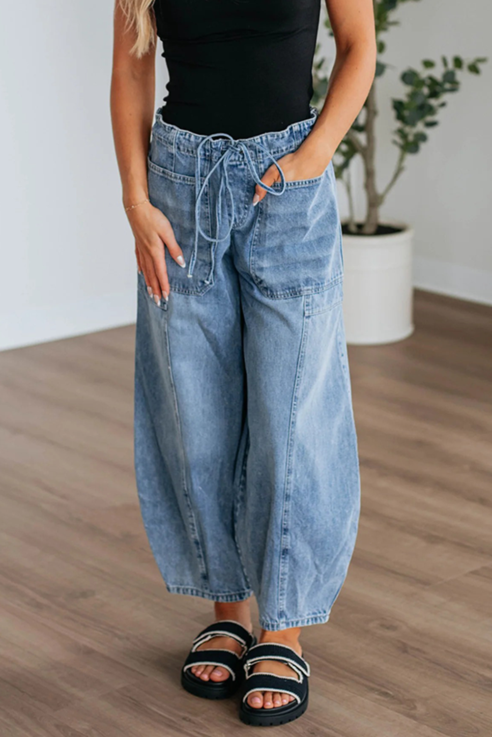 Myosotis Large Patch Pocket Drawstring Paperbag Waist Barrel Jeans Jeans JT's Designer Fashion
