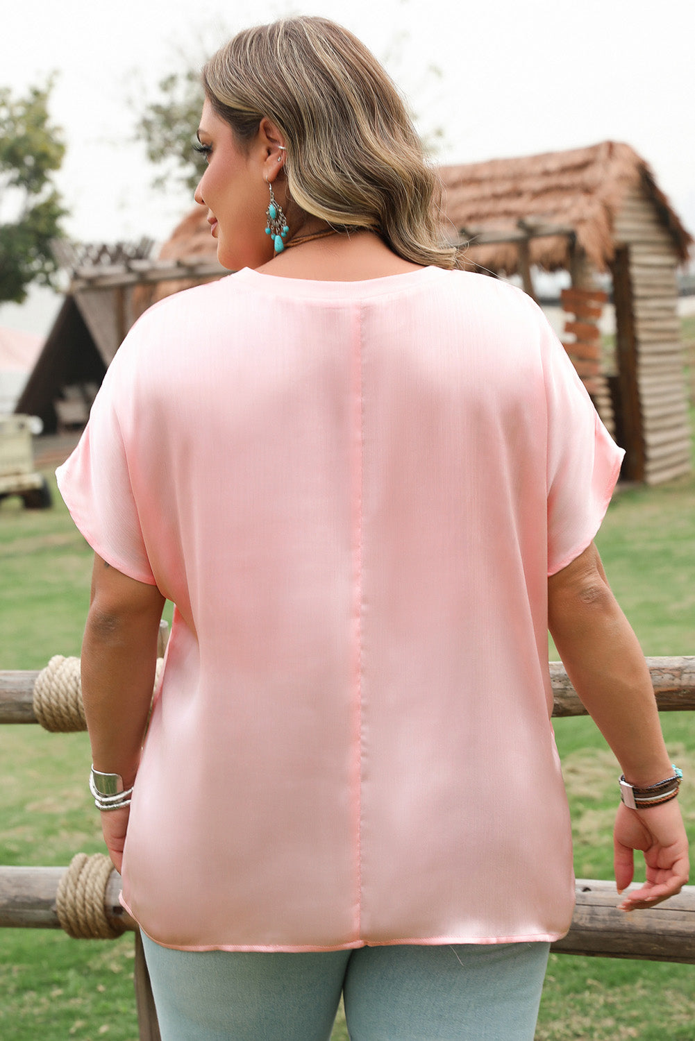 Pink Metallic Gloss Short Batwing Sleeve Plus Size Top Plus Size Tops & Tees JT's Designer Fashion