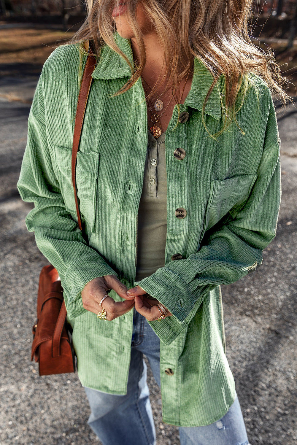Mist Green Patched Pocket Button Up Corduroy Shacket Jackets JT's Designer Fashion
