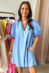 Myosotis Contrast Striped Notched V Neck Puff Sleeve Mini Dress Dresses JT's Designer Fashion