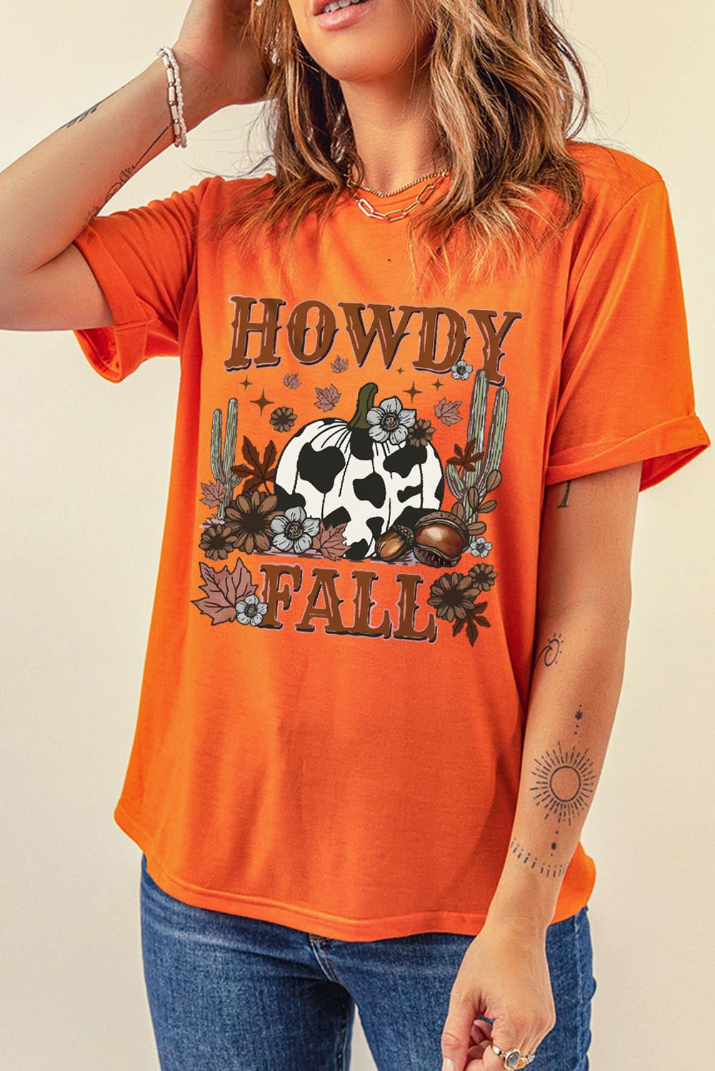 Orange HOWDY FALL Western Pumpkin Graphic T Shirt Graphic Tees JT's Designer Fashion