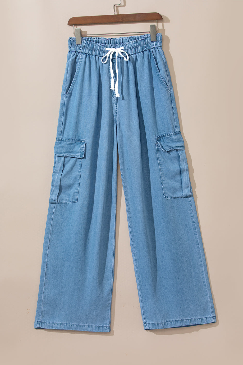 Sky Blue Drawstring High Waist Cargo Pocket Wide Leg Jeans Jeans JT's Designer Fashion