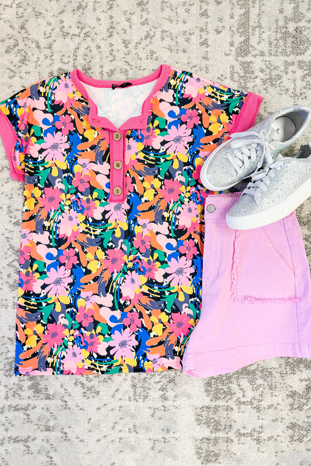 Rose Floral Short Sleeve Contrast Edge Plus Size Henley Top Plus Size Blouses & Shirts JT's Designer Fashion