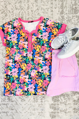 Rose Floral Short Sleeve Contrast Edge Plus Size Henley Top Plus Size Blouses & Shirts JT's Designer Fashion