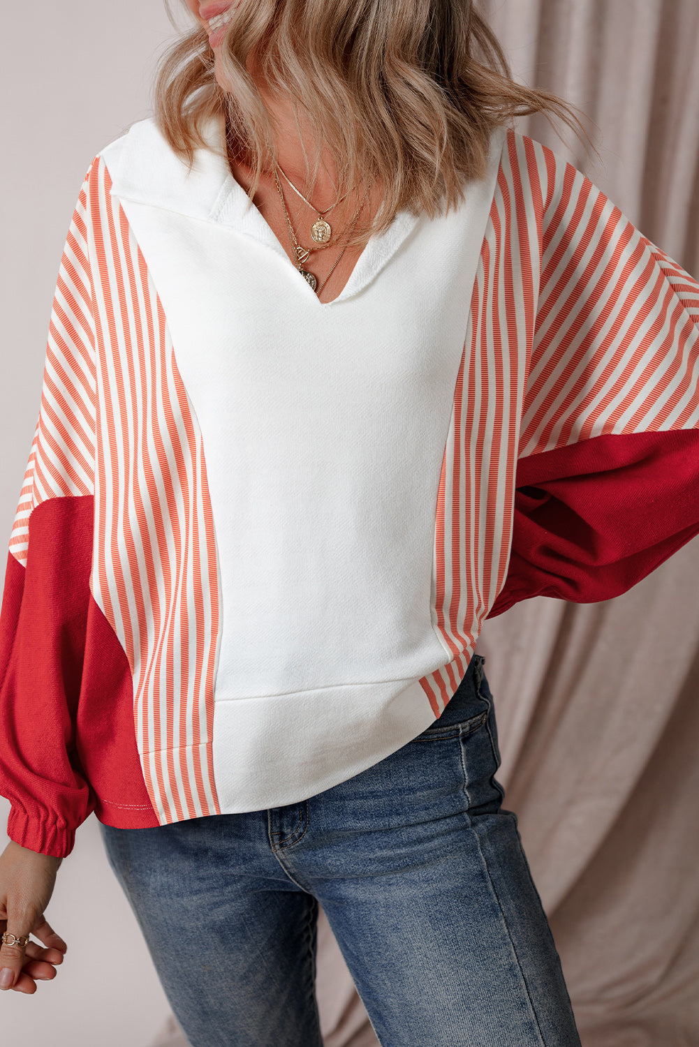 White Striped Color Block Collared V Neck Oversized Sweatshirt Sweatshirts & Hoodies JT's Designer Fashion