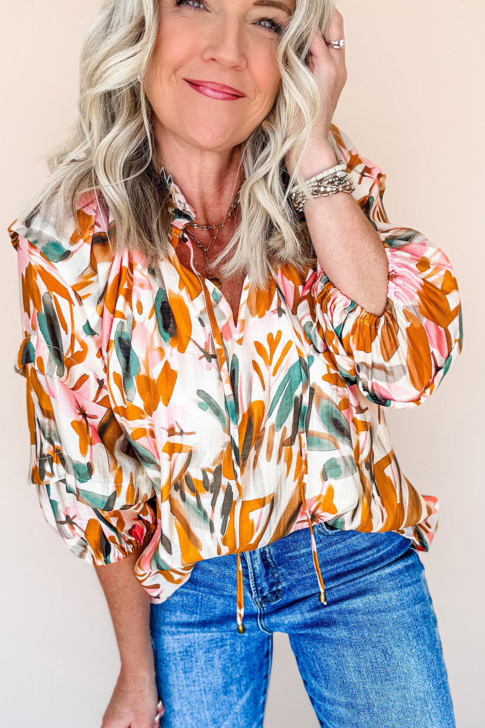 Yellow Abstract Print Drawstring Frilled V Neck 3/4 Sleeve Blouse Blouses & Shirts JT's Designer Fashion