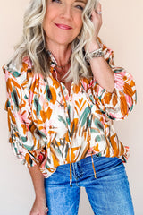 Yellow Abstract Print Drawstring Frilled V Neck 3/4 Sleeve Blouse Blouses & Shirts JT's Designer Fashion