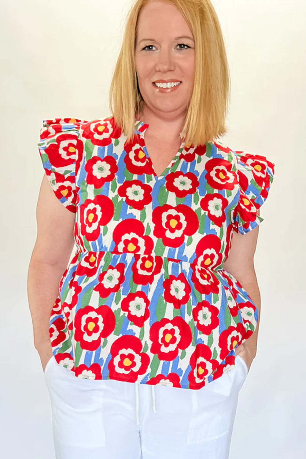 Red Plus Size Floral Print Ruffle Trim Split Neck Peplum Top Plus Size Blouses & Shirts JT's Designer Fashion