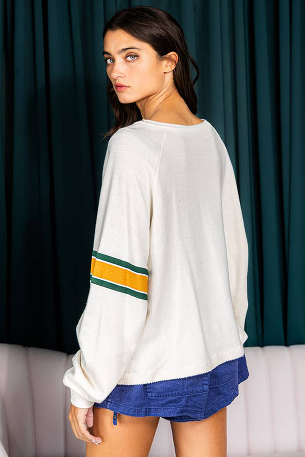 White Number 76 Printed Retro Sporty Long Sleeve Top Long Sleeve Tops JT's Designer Fashion