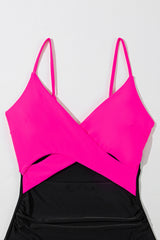 Rose Red Crossover Colorblock Cutout One Piece Swimsuit Swimwear JT's Designer Fashion