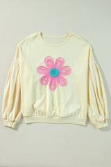Beige Tinsel Flower Dropped Puff Sleeve Sweatshirt Sweatshirts & Hoodies JT's Designer Fashion