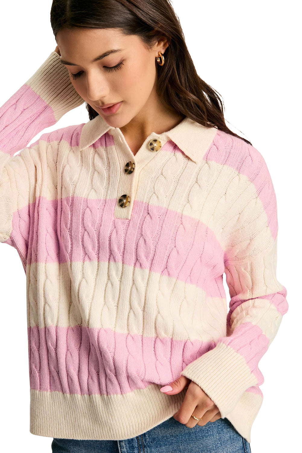 Pink Stripe Cable Knit Collared Henley Sweater Sweaters JT's Designer Fashion