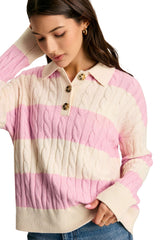 Pink Stripe Cable Knit Collared Henley Sweater Sweaters JT's Designer Fashion