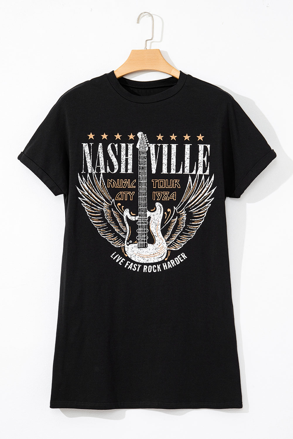 Black Nashville Guitar Print Crew Neck T Shirt Mini Dress T Shirt Dresses JT's Designer Fashion