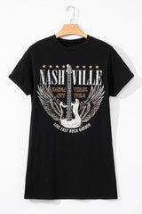 Black Nashville Guitar Print Crew Neck T Shirt Mini Dress T Shirt Dresses JT's Designer Fashion