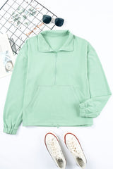 Green Zip Front Pocketed Pullover Sweatshirt Sweatshirts & Hoodies JT's Designer Fashion