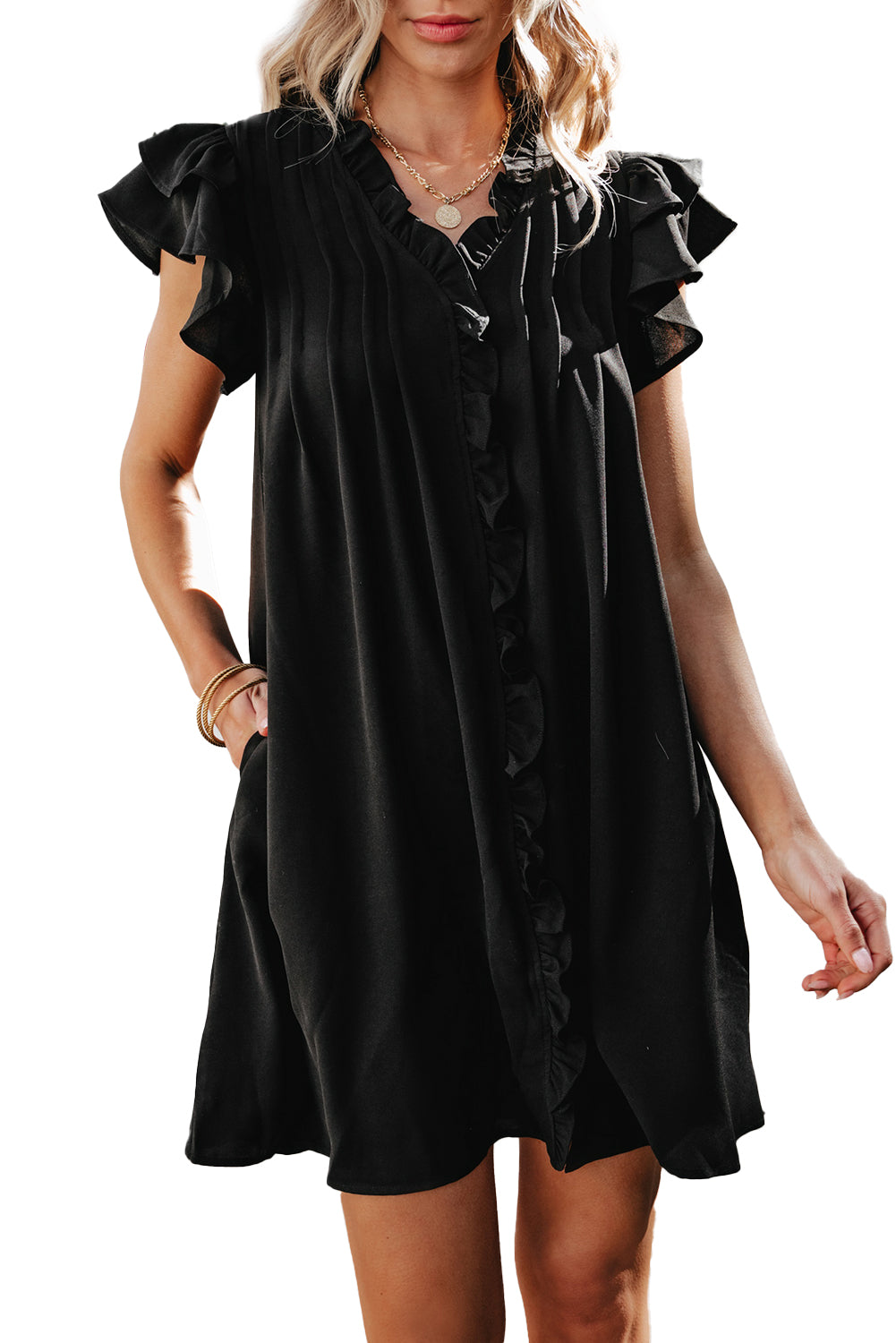 Black Ruffle Sleeve V Neck Frilled Shift Dress Mini Dresses JT's Designer Fashion