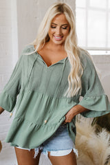 Laurel Green Tie Split Neck Textured Ruffle Patchwork Blouse Blouses & Shirts JT's Designer Fashion
