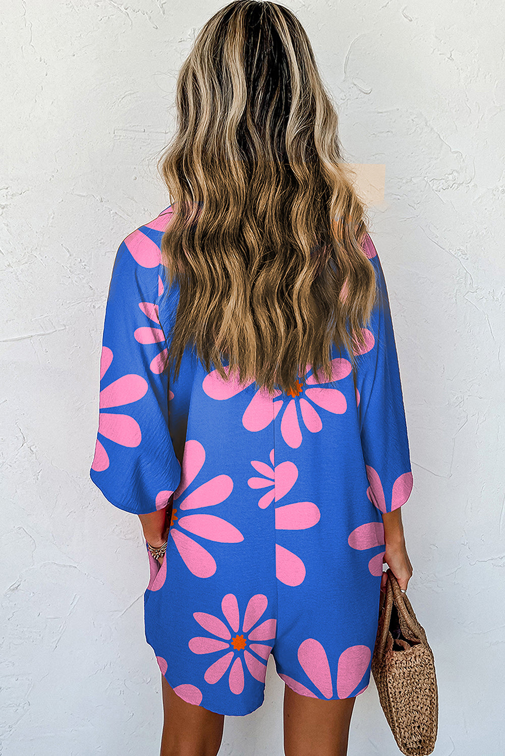 Blue Summer Flower Print Shirt Collar Button Front Loose Romper Jumpsuits & Rompers JT's Designer Fashion