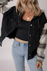 Black Plaid Sleeve Frayed Hem Hooded Denim Jacket Denim Jackets JT's Designer Fashion