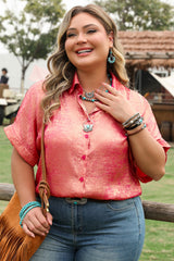 Rose Red Plus Size Metallic Sheen Short Sleeve Button Up Shirt Plus Size Blouses & Shirts JT's Designer Fashion