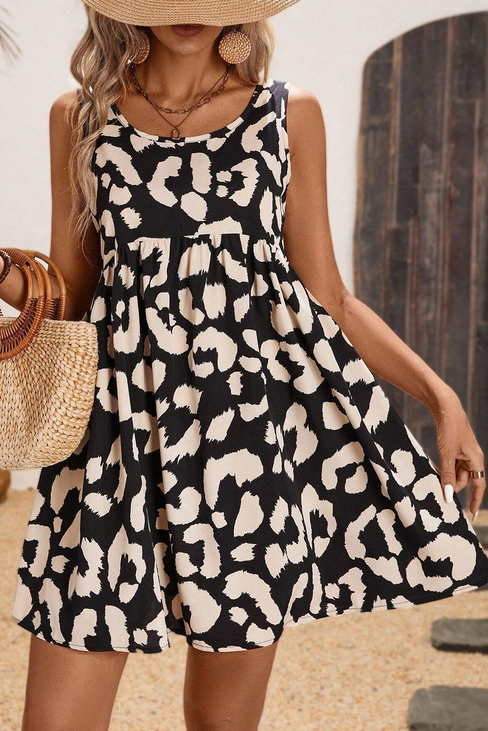 Black Leopard Print U Neck Sleeveless High Waist Dress Mini Dresses JT's Designer Fashion