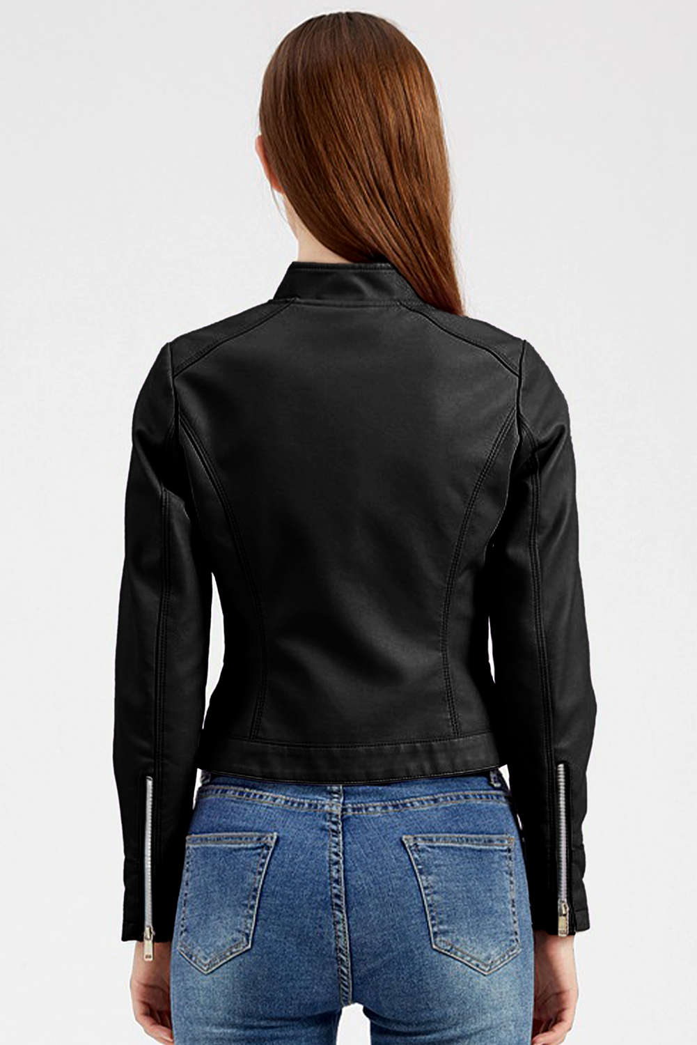 Black Faux Leather Snap Button Stand Neck Zipped Pocket Jacket Jackets JT's Designer Fashion