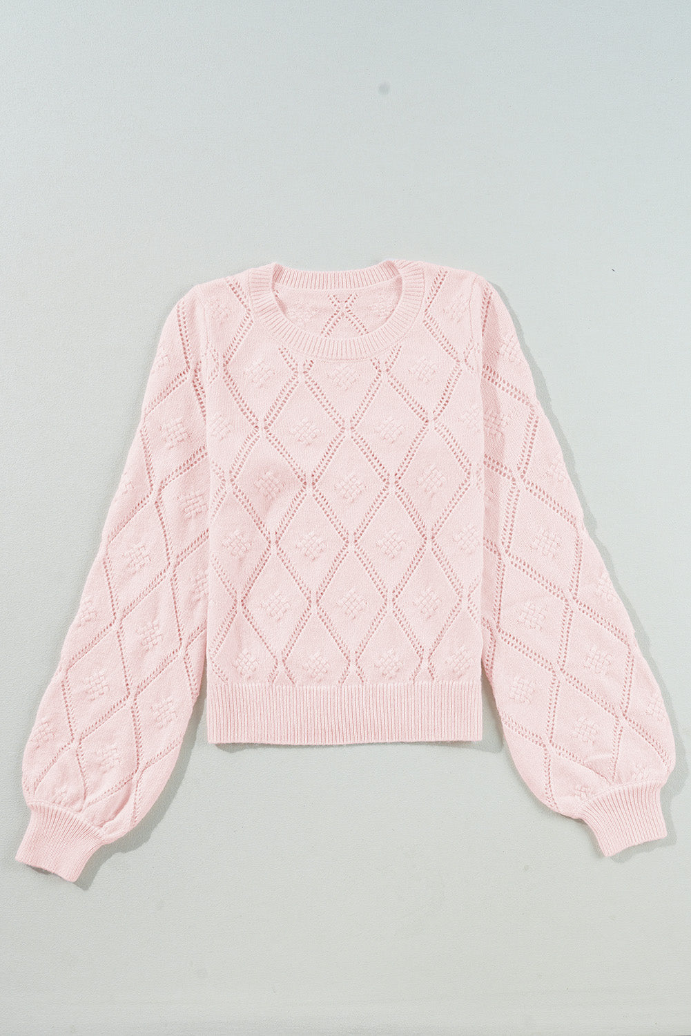 Gossamer Pink Openwork Plaid Puff Sleeve Cropped Sweater Sweaters JT's Designer Fashion