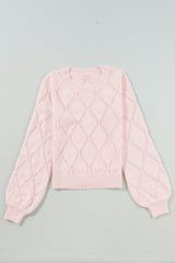 Gossamer Pink Openwork Plaid Puff Sleeve Cropped Sweater Sweaters JT's Designer Fashion