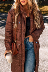 Coffee Quilted Puffer Stand Neck Zipped Mid-length Coat Coats JT's Designer Fashion