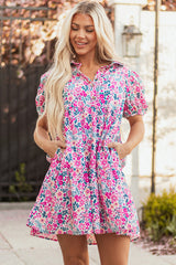 Pink Floral Collared Half Placket Short Sleeve Loose Dress Floral Dresses JT's Designer Fashion