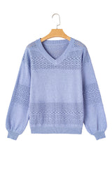Sky Blue Eyelet Pattern Detail V Neck Drop Shoulder Sweater Sweaters JT's Designer Fashion