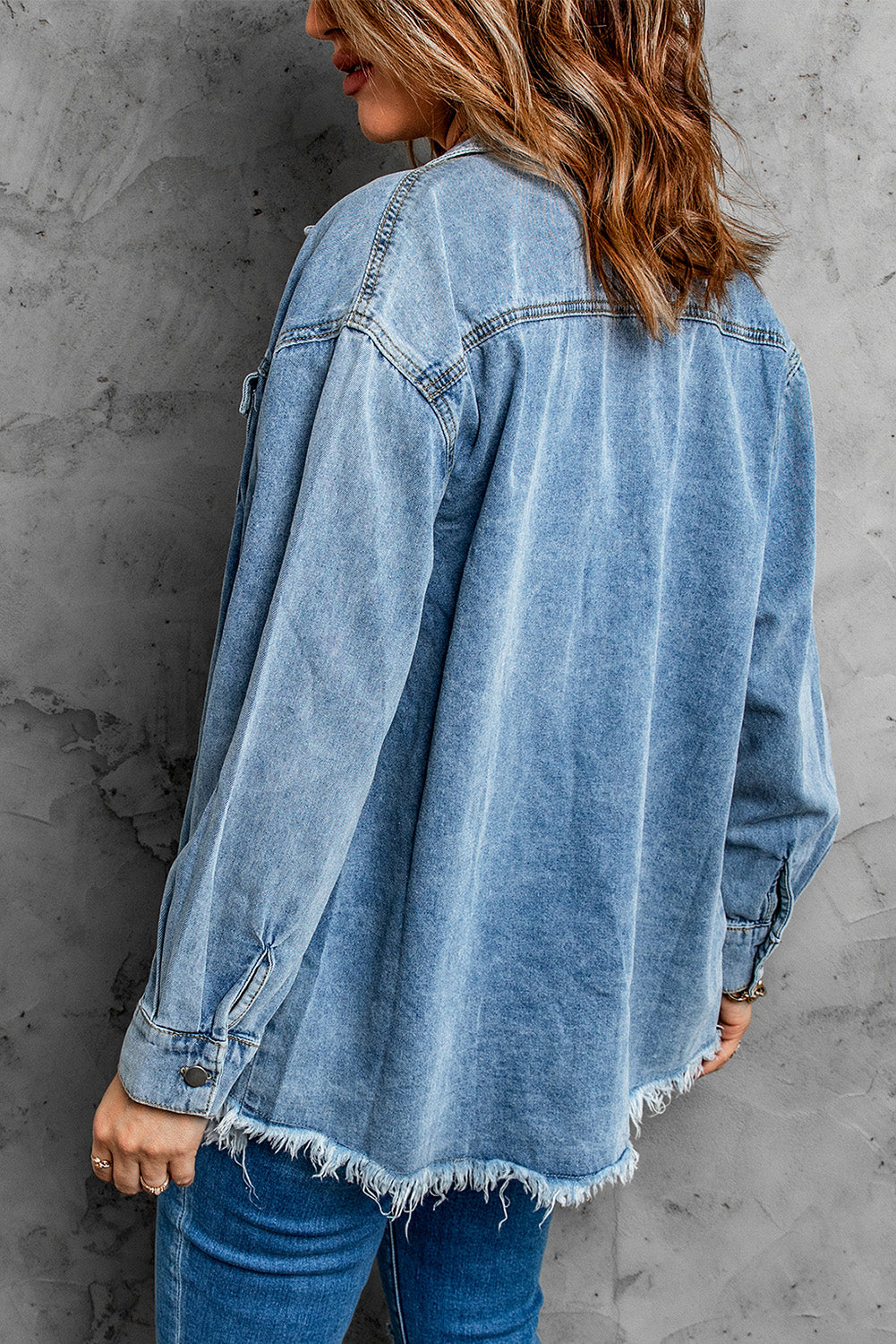 Sky Blue Pocket Raw Hem Buttoned Denim Jacket Denim Jackets JT's Designer Fashion