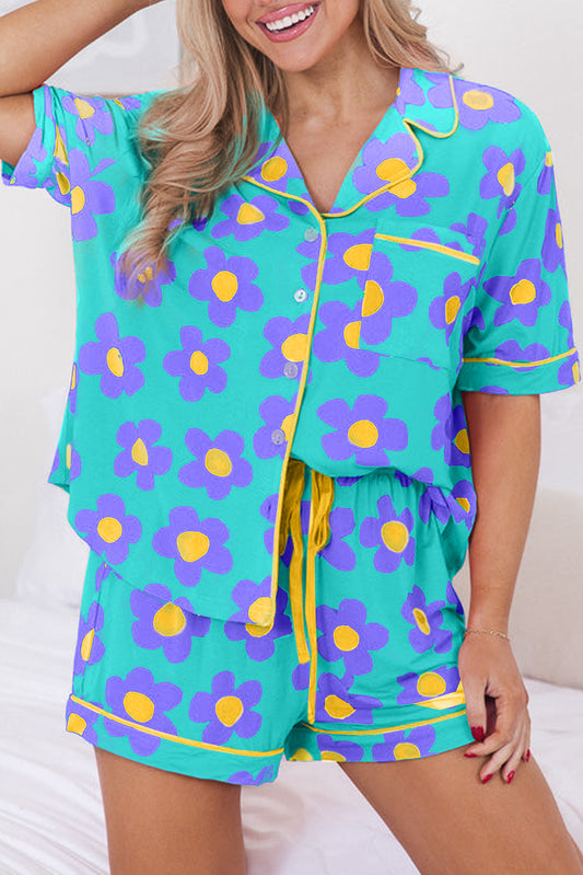 Green Flower Print Short Sleeve Shirt Pajamas Set Loungewear JT's Designer Fashion