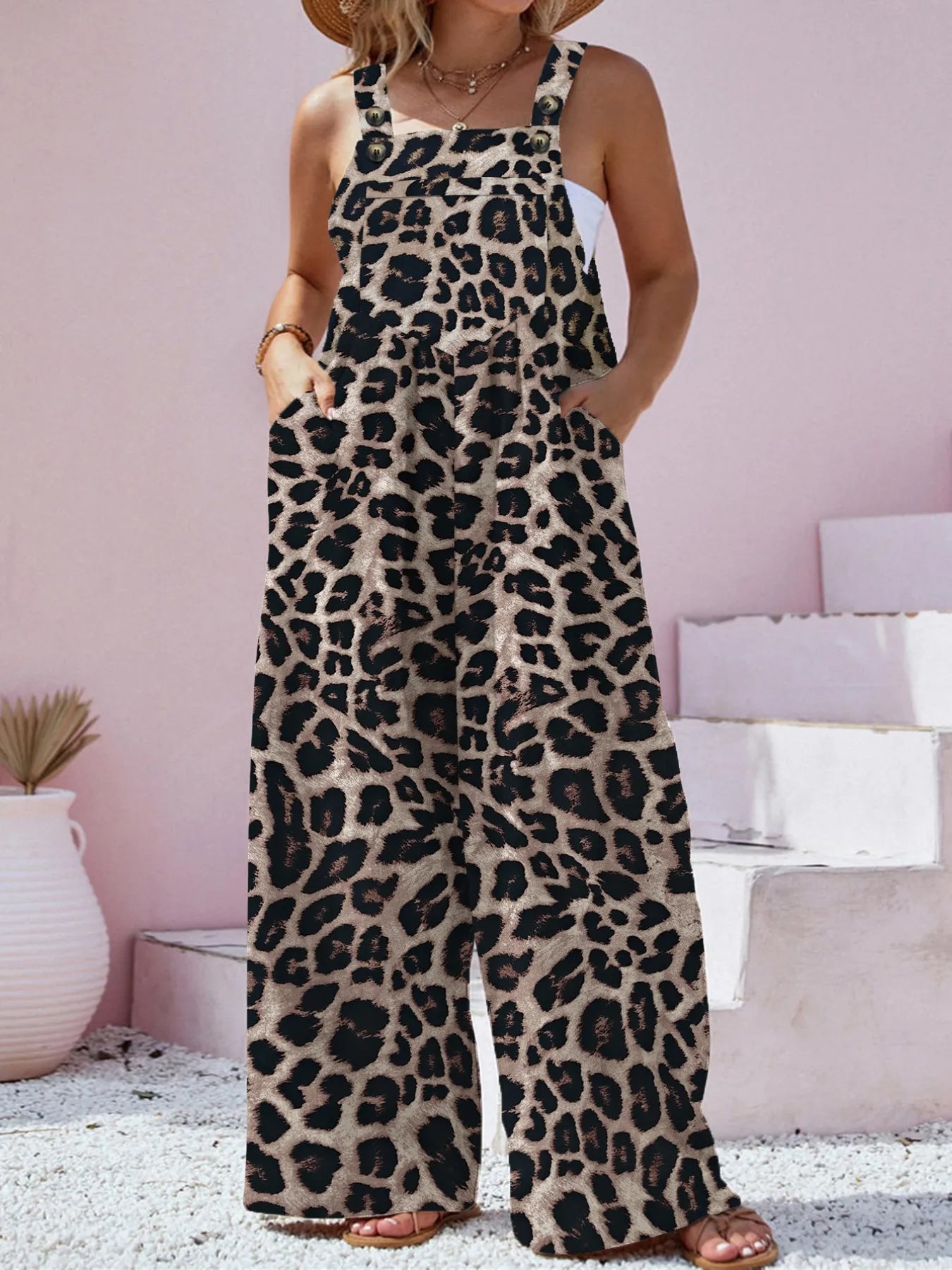 Plus Size Leopard Print Wide Leg Casual Overalls Jumpsuits & Rompers JT's Designer Fashion