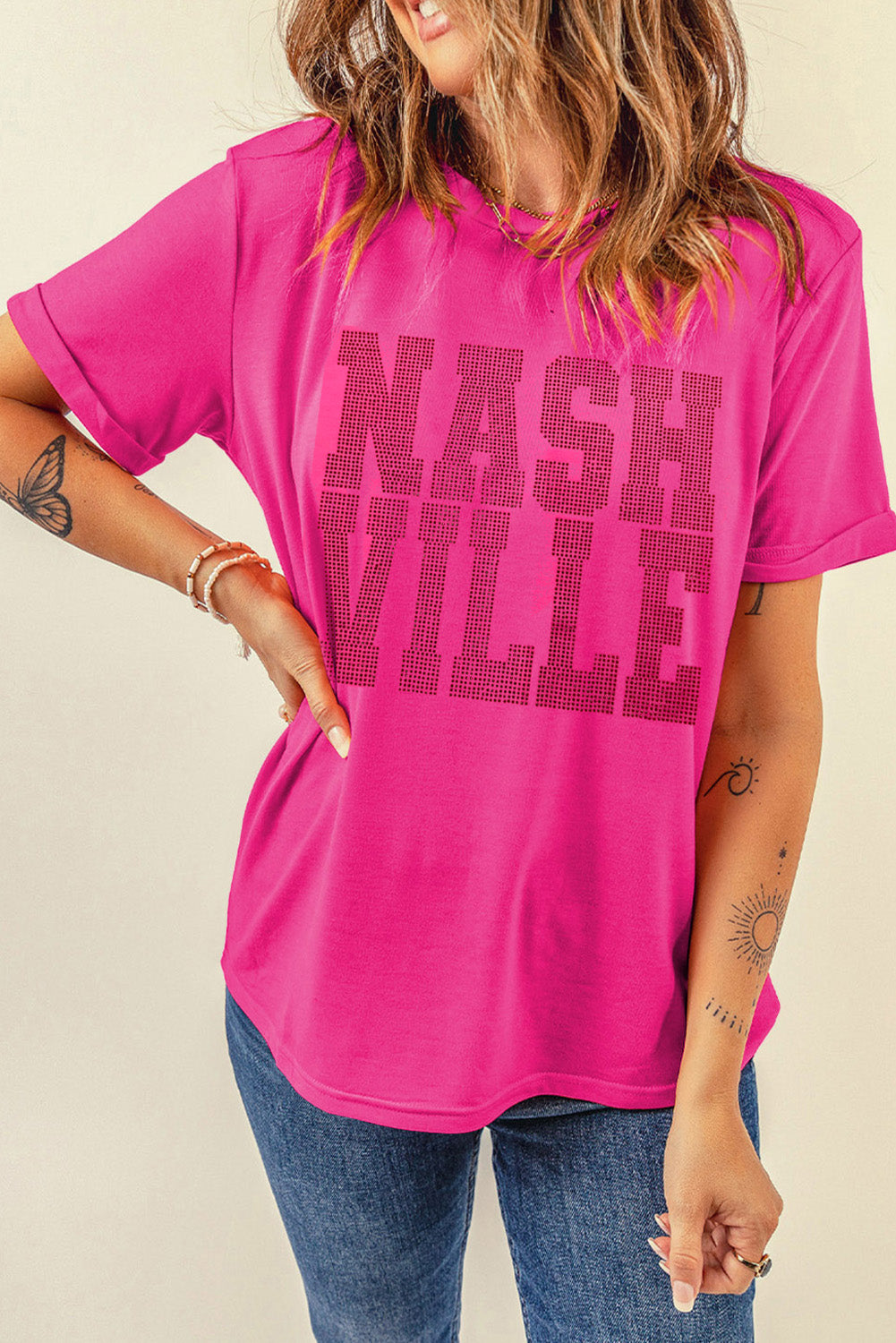 Rose Red NASHVILLE Rhinestone Crew Neck Graphic Tee Graphic Tees JT's Designer Fashion