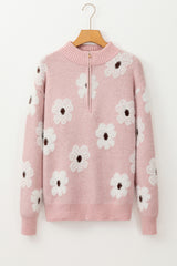 Pink Floral Pattern Half Zip Drop Shoulder Sweater Sweaters JT's Designer Fashion