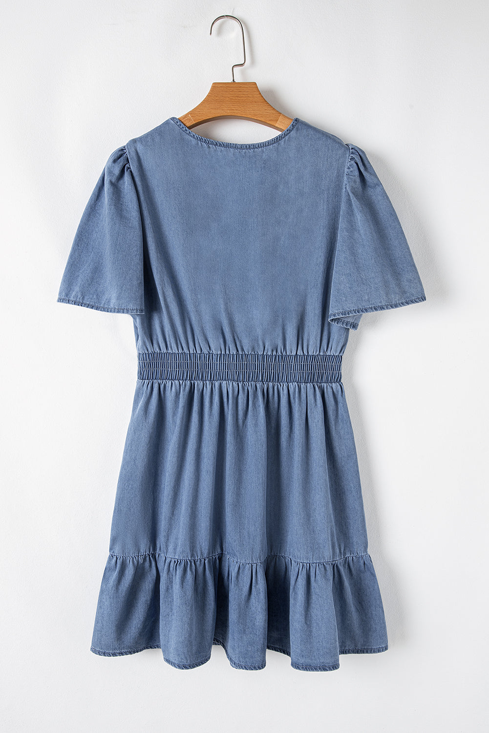 Ashleigh Blue Ruffled V Neck Smocked High Waist Denim Mini Dress Mini Dresses JT's Designer Fashion