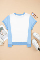 Sky Blue Star Plaid Flower USA Graphic Color Block Crewneck T Shirt Graphic Tees JT's Designer Fashion