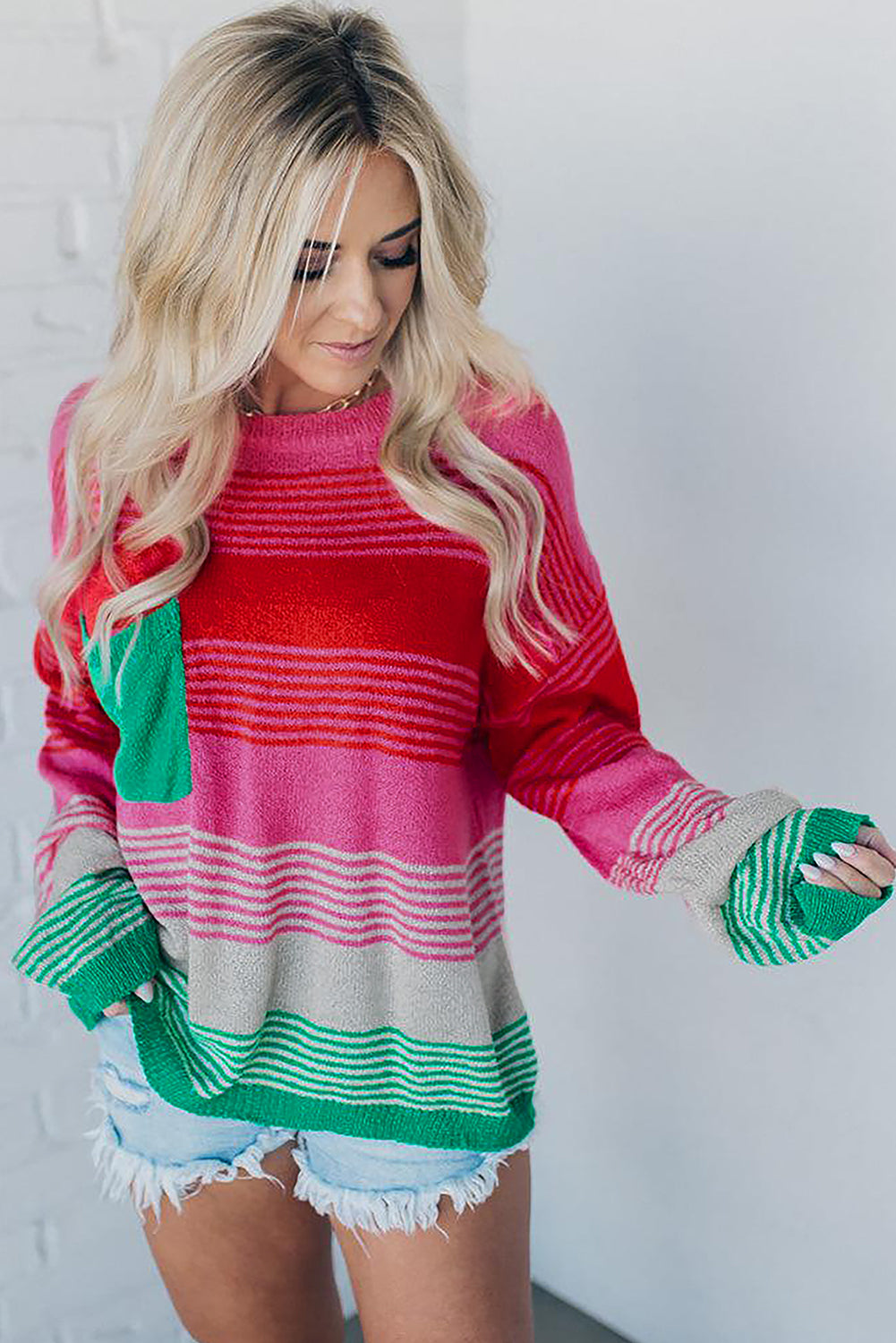 Rose Striped Knit Patch Pocket Drop Shoulder Sweater Sweaters JT's Designer Fashion