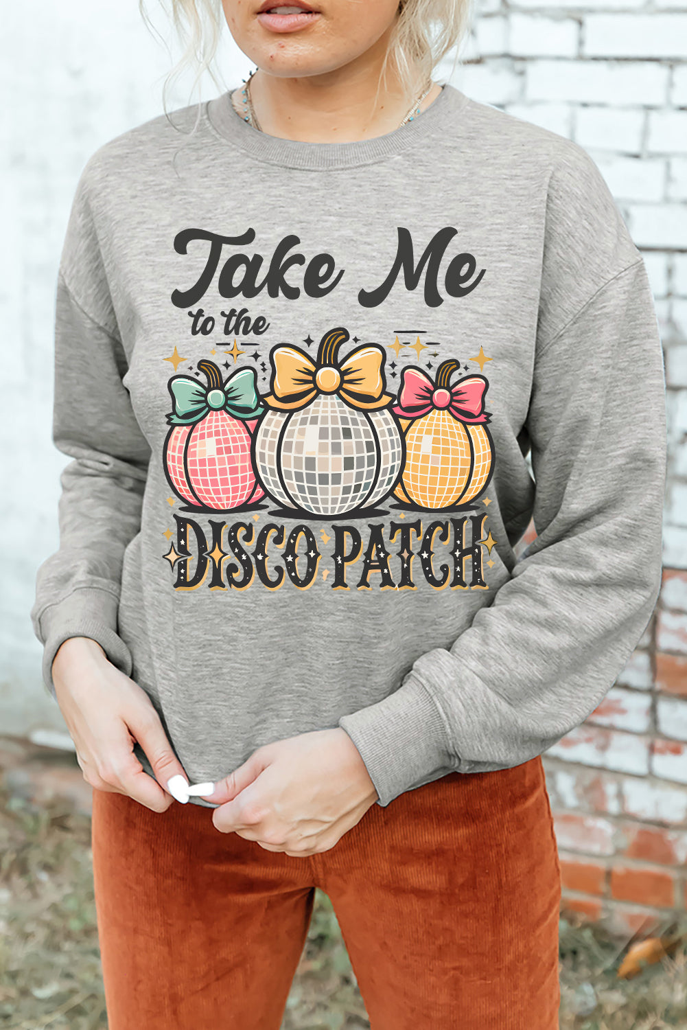 Gray Disco Ball Bowknot Pumpkin Graphic Crewneck Sweatshirt Graphic Sweatshirts JT's Designer Fashion
