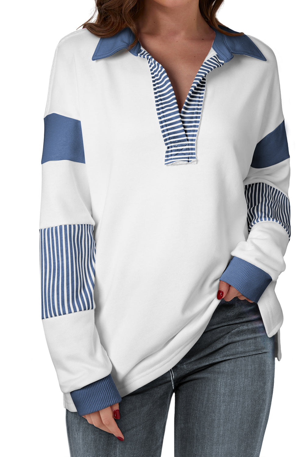 Dark Blue Striped Colorblock Patchwork Collar Sweatshirt Sweatshirts & Hoodies JT's Designer Fashion
