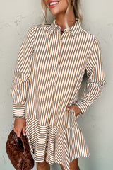 Brown Stripe Ruffled Hem Collared Long Sleeve Shirt Mini Dress Brown Stripe 100%Polyester Mini Dresses JT's Designer Fashion