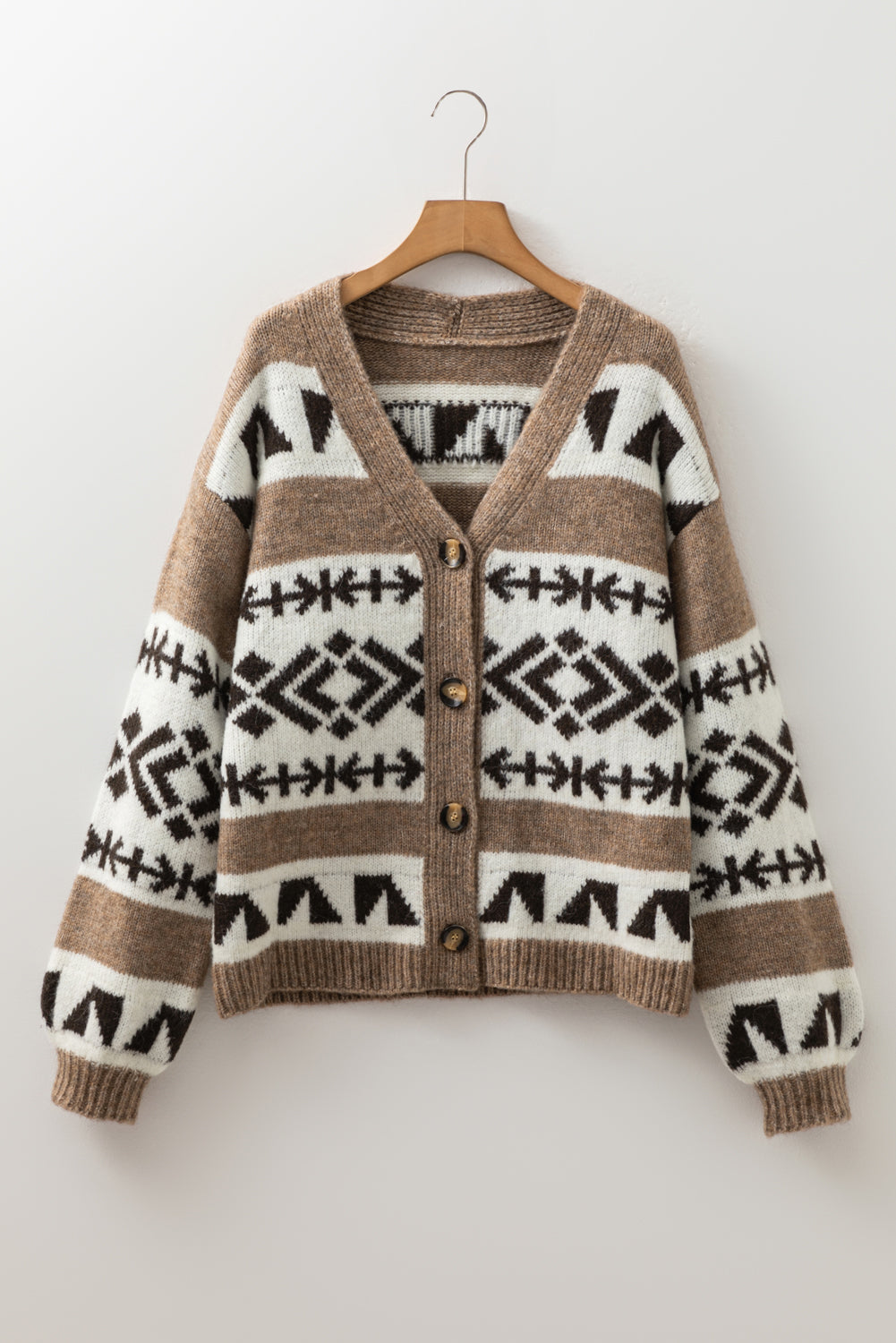 Dark Khaki Ethnic Geometric Pattern Button Front V Neck Sweater Cardigan Cardigans JT's Designer Fashion