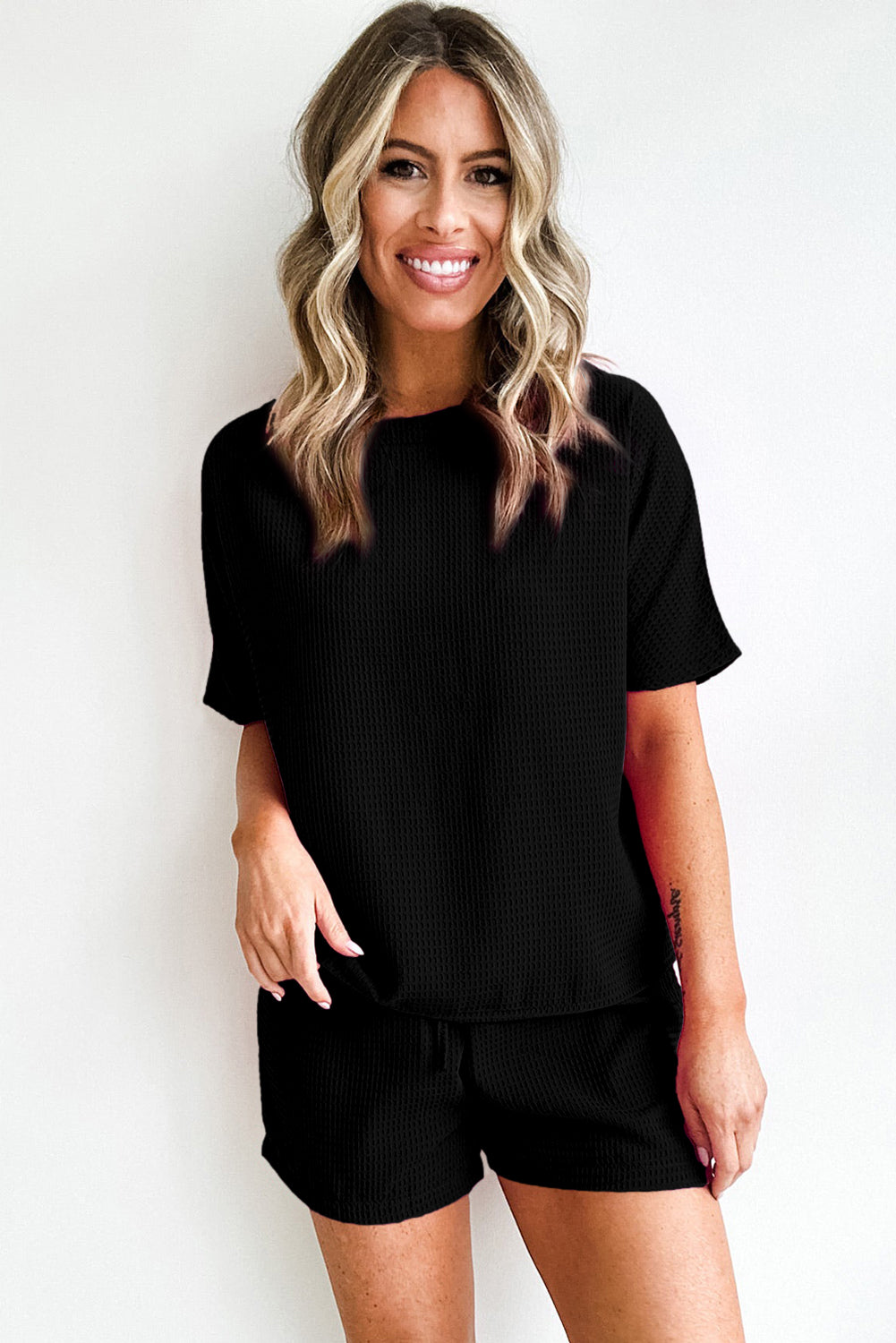 Black Casual Textured Tee and Drawstring Shorts Set Short Sets JT's Designer Fashion