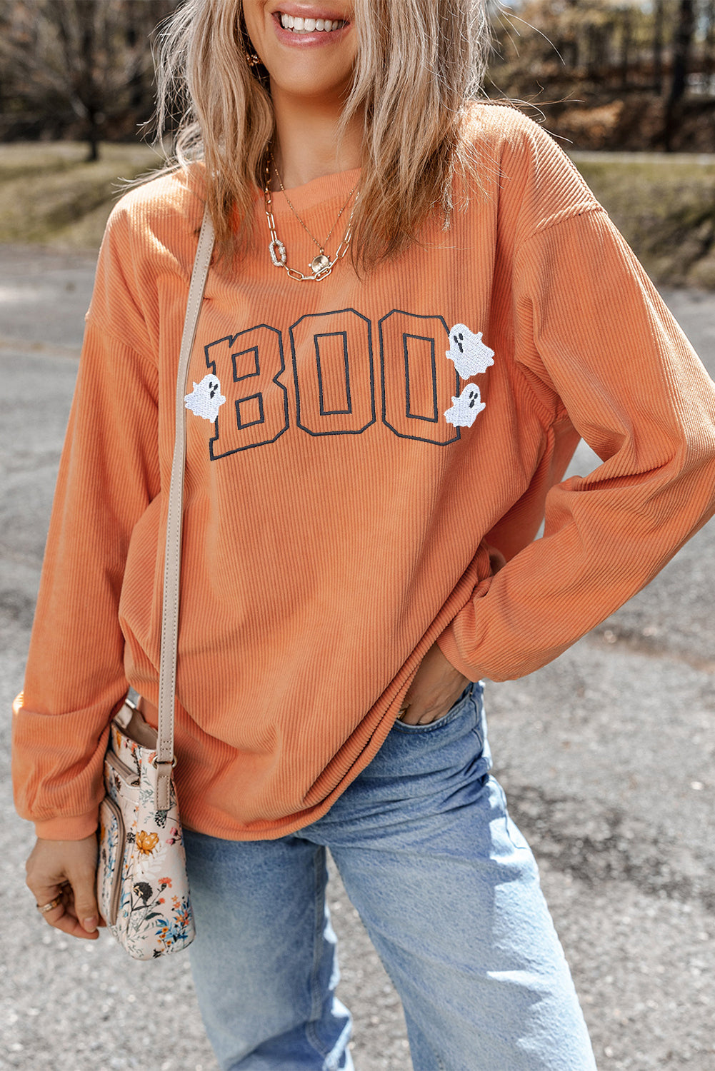 Orange Embroidered BOO Ghost Corded Halloween Sweatshirt Graphic Sweatshirts JT's Designer Fashion